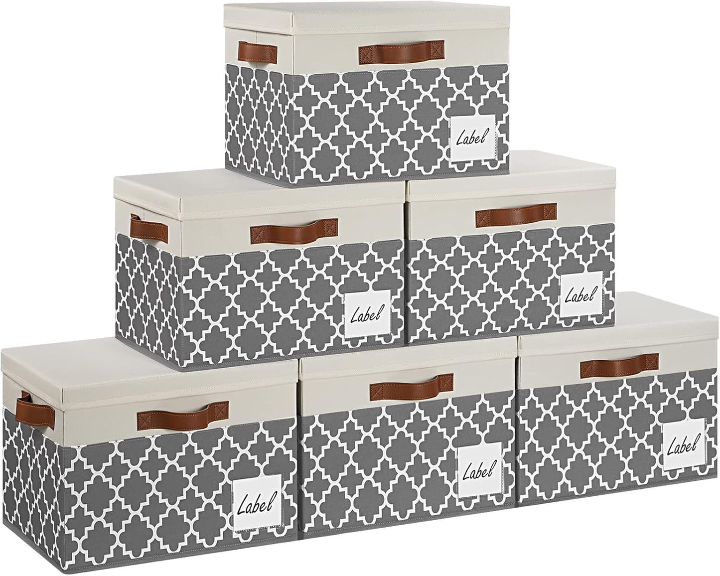 GhvyenntteS Extra Large Storage Bins with Lids, Foldable Fabric Storage Boxes with Lids and 3 Leather Handles, Storage Baskets with Label Window (6 Pack, Grey&Black, 15.75x11.8x10.2)