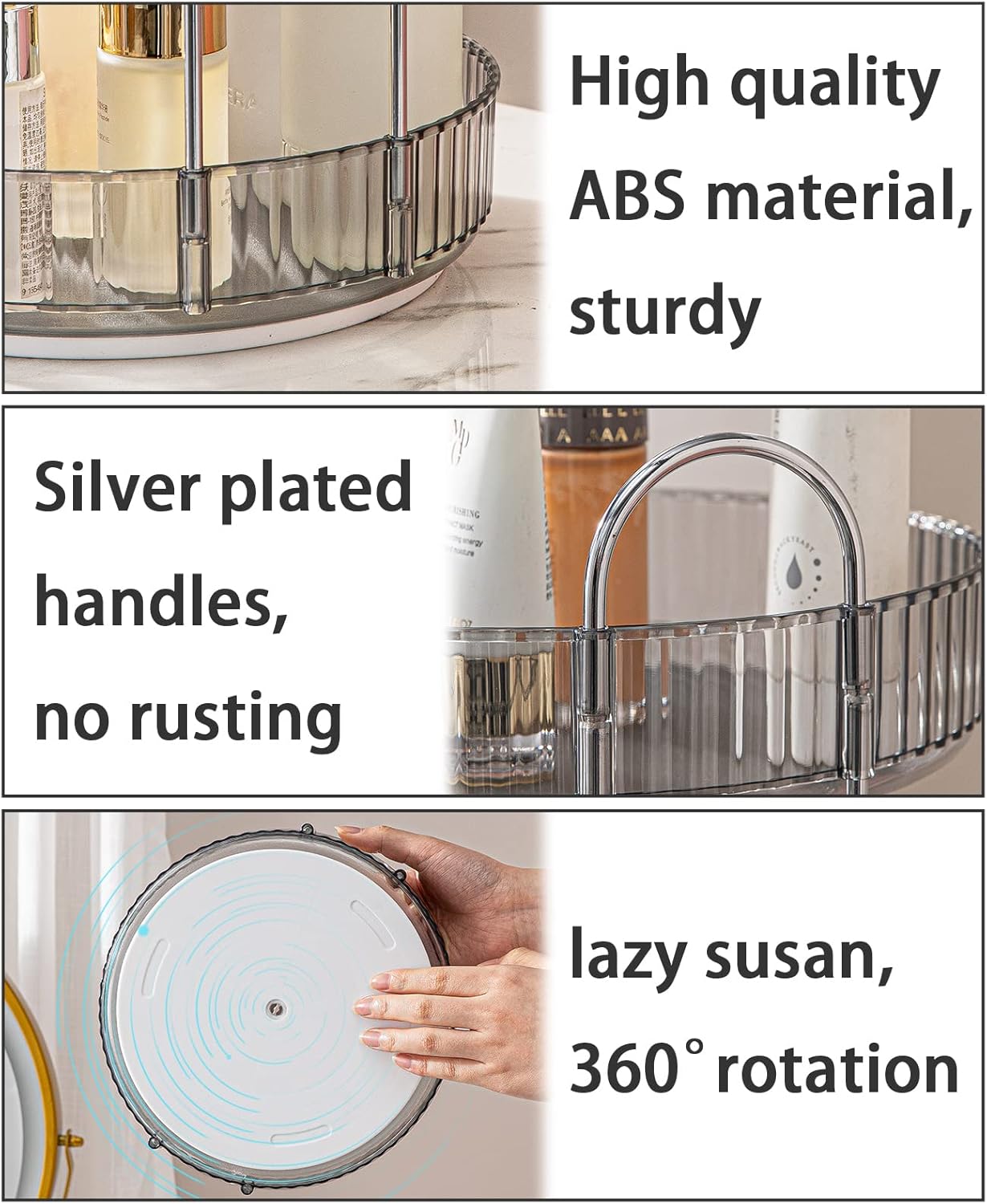 Rotating Makeup Organizer for Vanity, Large Capacity Skincare Perfume Storage, Bathroom Counter Organizer, 360 Spinning Cosmetic Dresser Countertop Organizers (Gray, 3 Tier)