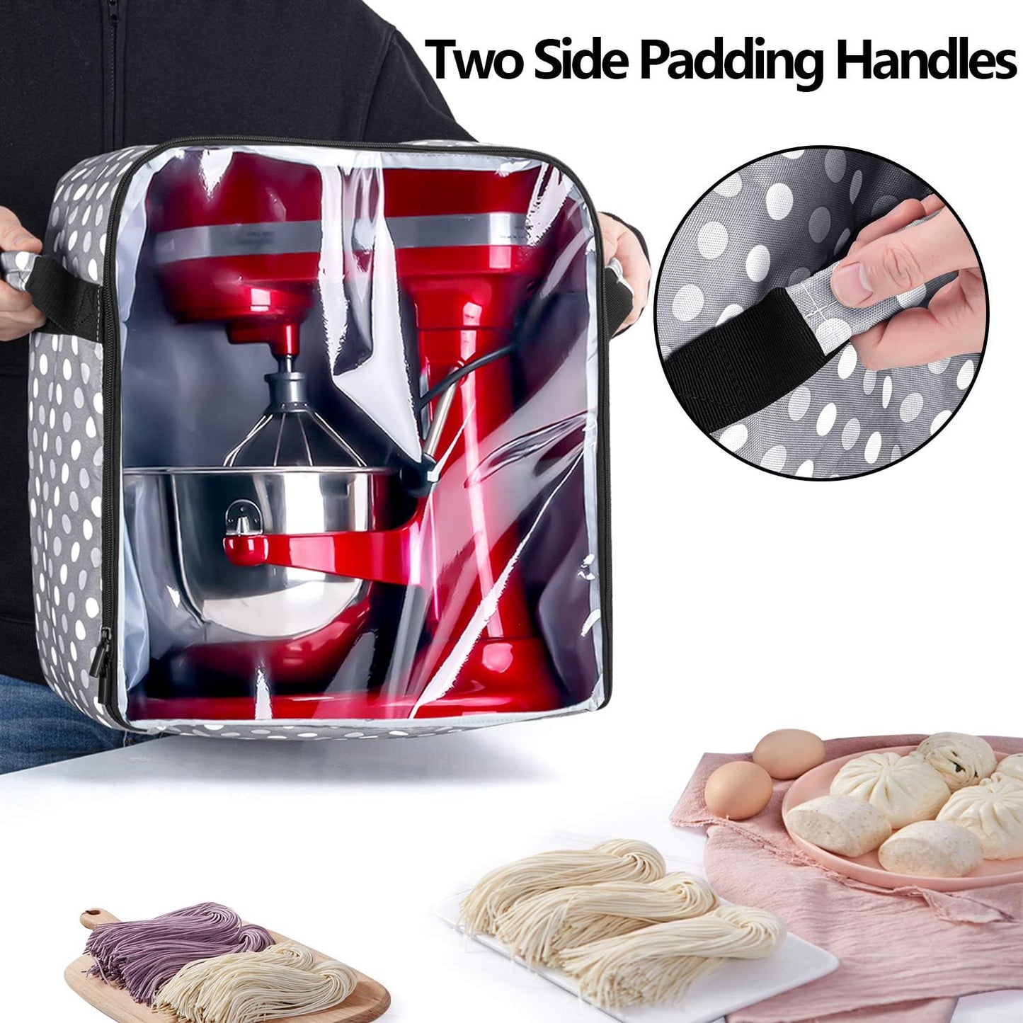 Luxja Dust Cover Compatible with 6-8 Quart KitchenAid Mixers (with a Bottom Padding Pad), Dust Cover (Clear Front Panel) for Stand Mixers and Extra Accessories, Gray Dots(Patented Design)