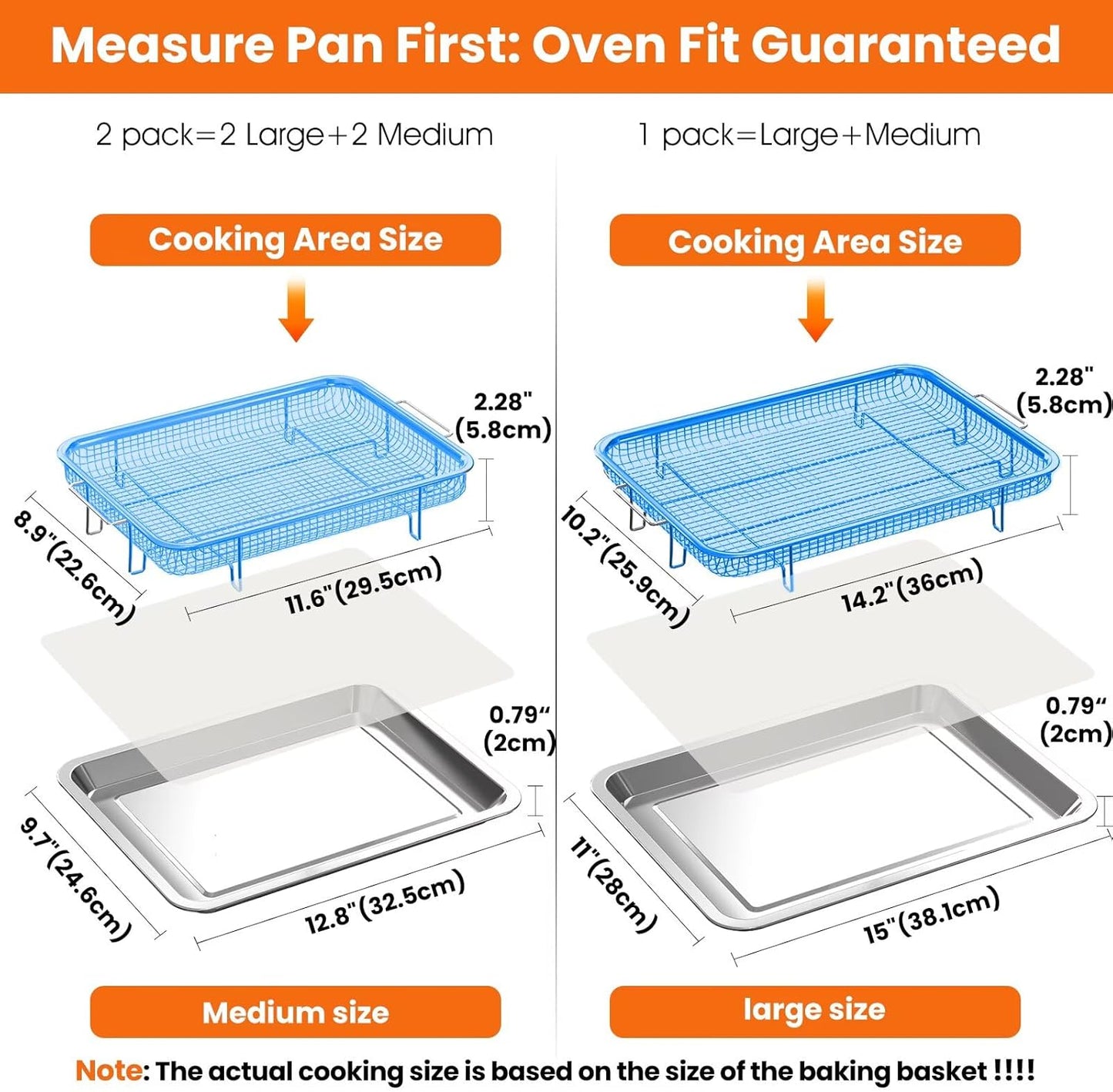 Air Fryer Basket for Oven, 2 Set Stainless Steel Pan & Crisper Tray (15"x11" &12.8"x9.7") with 60 Parchment Papers, Family-Size Non-Stick Oven Basket for Baking Chicken, Fries, Dishwasher Safe