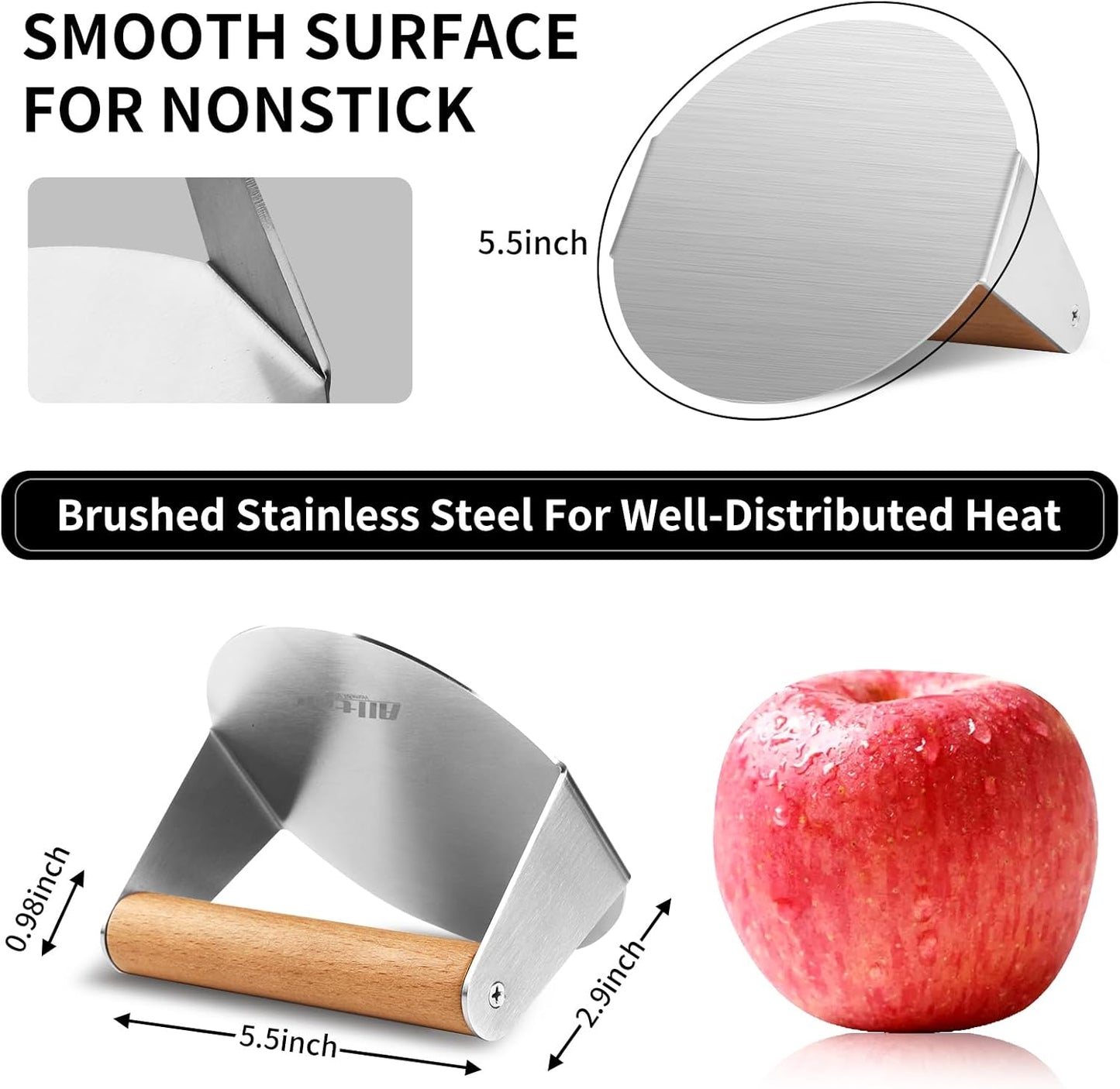 ALLTOP Smash Burger Press,Stainless Steel Non-Stick Hamburger Press Patty Maker for Flat Top Griddle,Grill,BBQ,Kitchen - Round Accessory (5.5” Wood Handle)