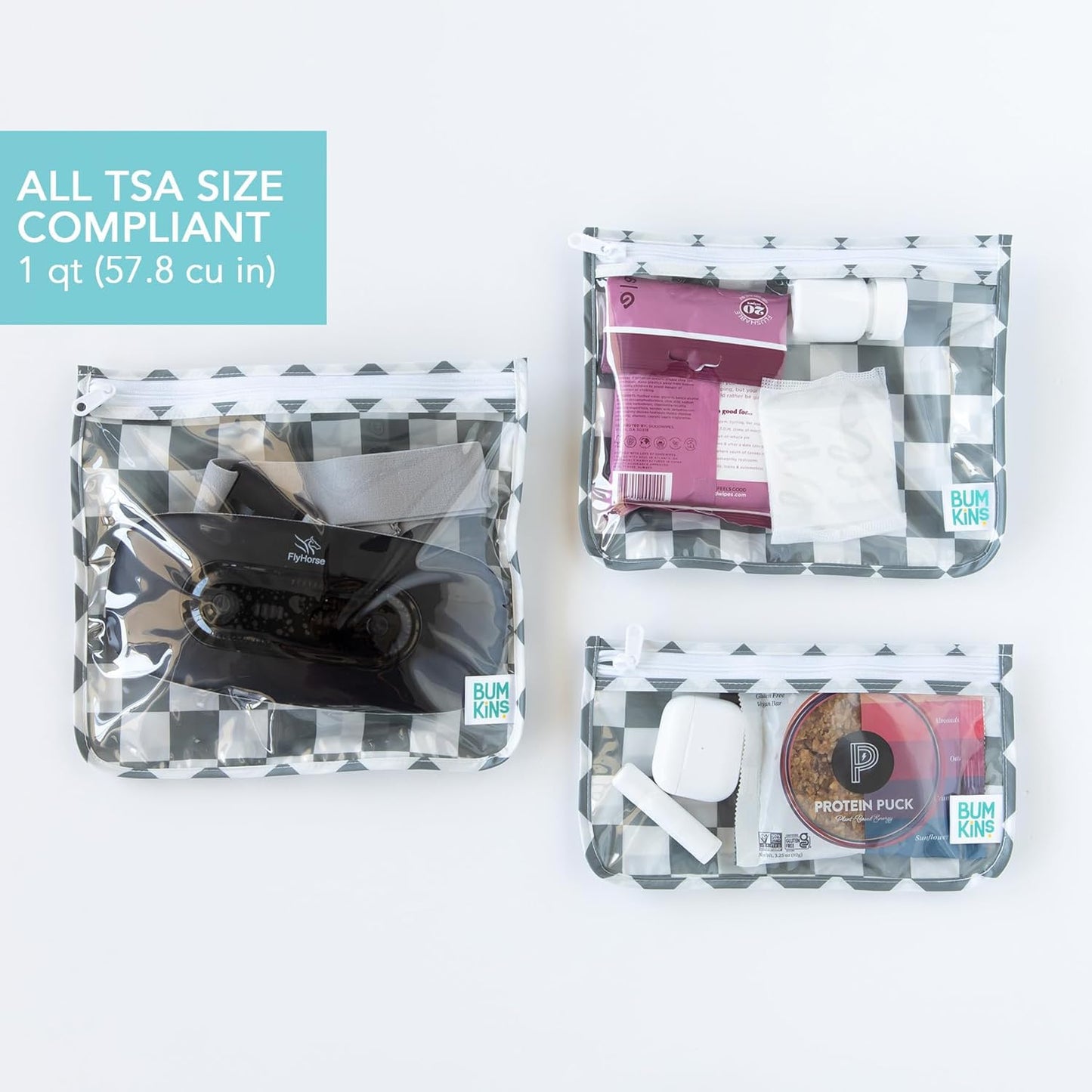 Bumkins Travel Bag, Toiletry, TSA Approved Pouch, Zip Bag, Quart Size Airline Compliant, Clear-Sided, Baby, Diaper Bag Organization, Makeup, Accessories, Packing, Set of 3 Sizes, Gray Check