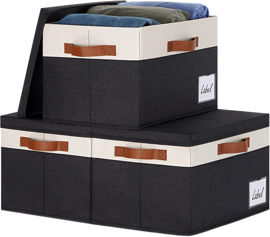 GhvyenntteS Extra Large Storage Bins with Lids, Foldable Fabric Storage Boxes with Lids and Handles, Storage Baskets with Lid and Label for Home Office (3 Pack, Black, 15.75" x 11.8" x 10.2")