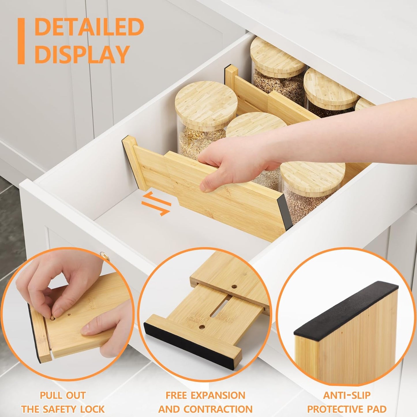 BAMEOS 4" High Bamboo Drawer Dividers - Adjustable Small Drawer Organizer - Kitchen, Dresser, Bathroom, Bedroom & Office - 4-pack