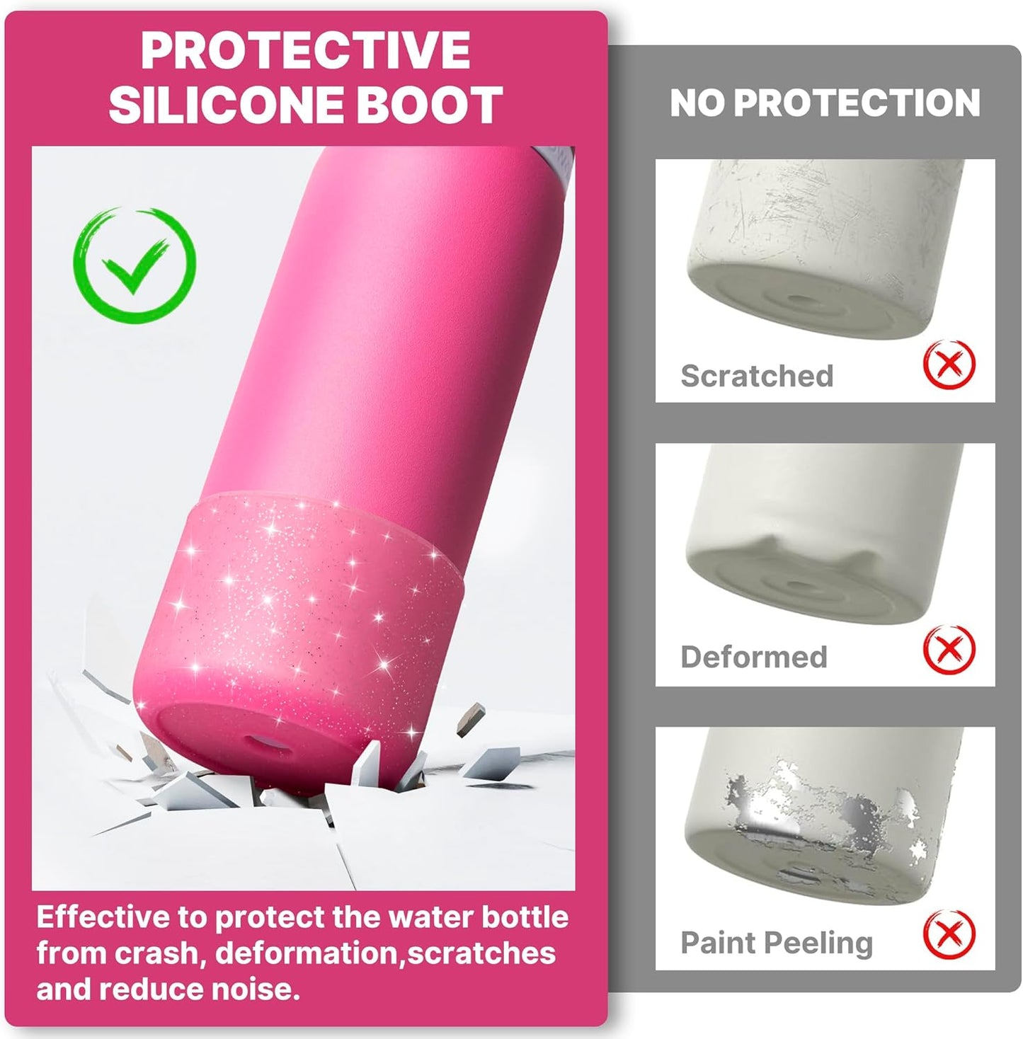 Silicone Water Bottle Boot for Owala 32 oz, Anti-Slip Protective Sleeve for Owala Twist & FreeSip & Flip Stainless Steel Water Bottle, Boot Bottom Base (Glitter Rose Red)