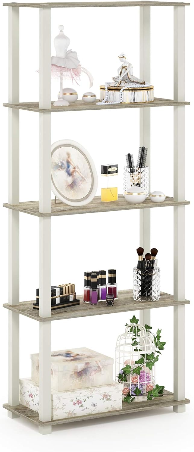 Furinno Turn-N-Tube 5-Tier Multipurpose Shelf / Display Rack / Storage Shelf / Bookshelf, Square Tubes, Sonoma Oak/White