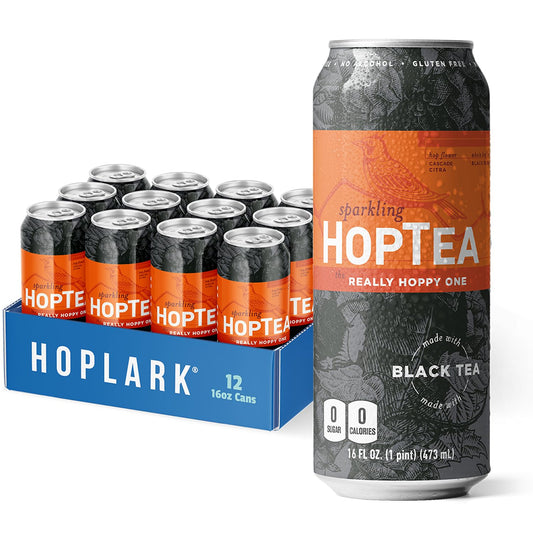 Hoplark Sparkling HopTea – Sparkling Black Tea with Simcoe and Citra Hops – Unsweetened – Zero Calorie – Caffeinated Sparkling Tea – 12 Pack 16oz Cans - The Really Hoppy One