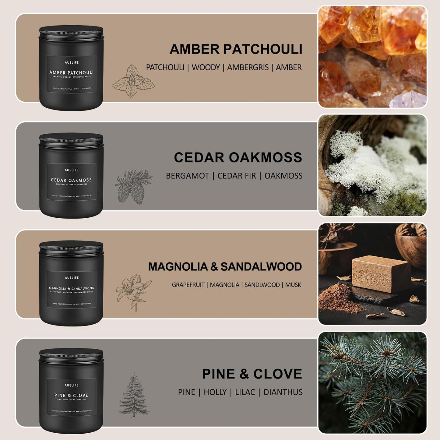 Winter Candle Gift Set for Men – 4 Pack Soy Candles with Cedar Oakmoss, Pine & Clove, Amber Patchouli, Sandalwood – Masculine Scented Candles for Home, Christmas Gift Set for Dad Fathers Day