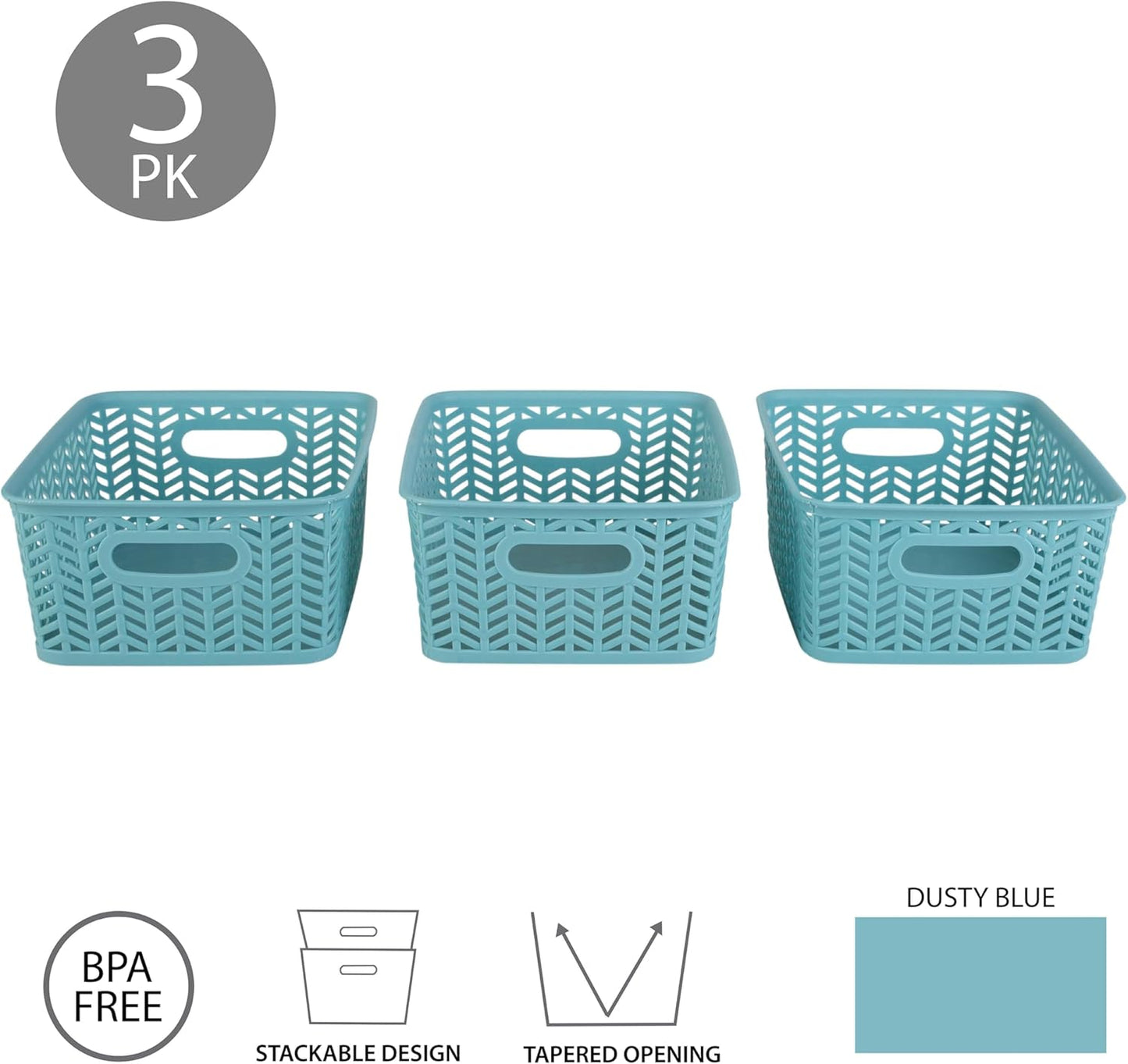 Simplify 3 Pack Small Herringbone Storage Basket, Dimensions: 10"x8"x4", Herringbone Design, Light Weight, Great for Bathroom, Kitchen, Office, Closet, 2 Open Handles, Dusty Blue