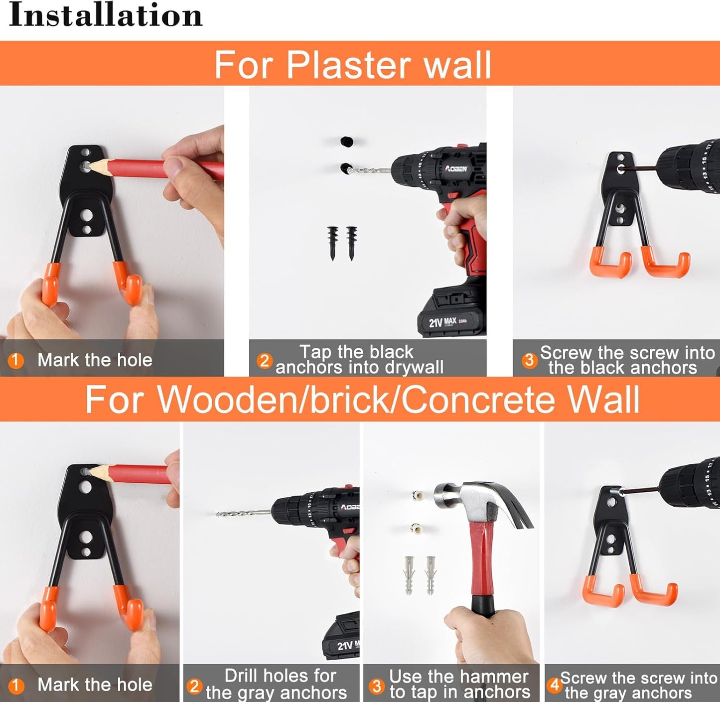 AOBEN Garage Hooks Heavy Duty, Steel Garage Storage Hooks, Utility Tool Hangers and Combinable Wall Mount Garage Hooks for Organizing Ladders, Bikes, Hoses, and More Equipment (Small J, 6 Pack)