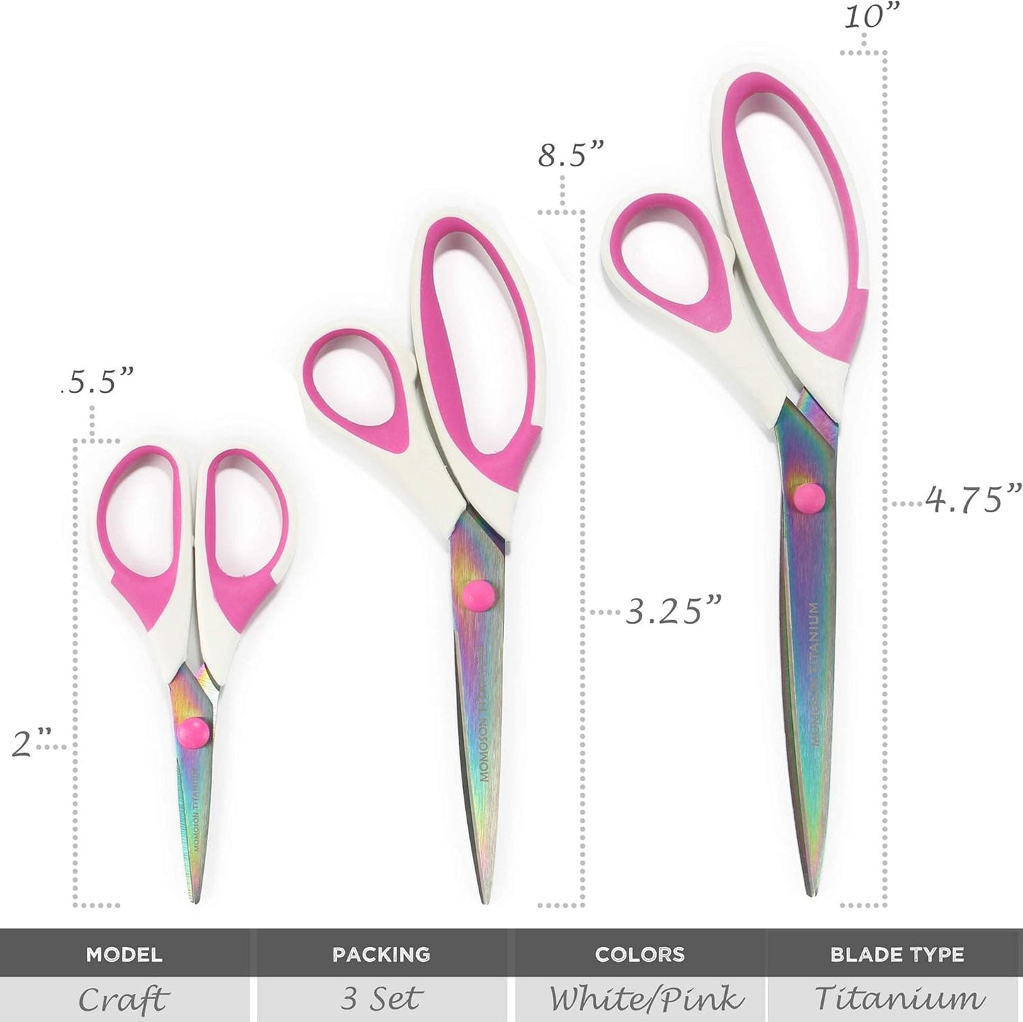 BambooMN Titanium Softgrip Scissors Set for Sewing, Arts, Crafts, Office - 1 set of 3 - White w/Pink Inlays