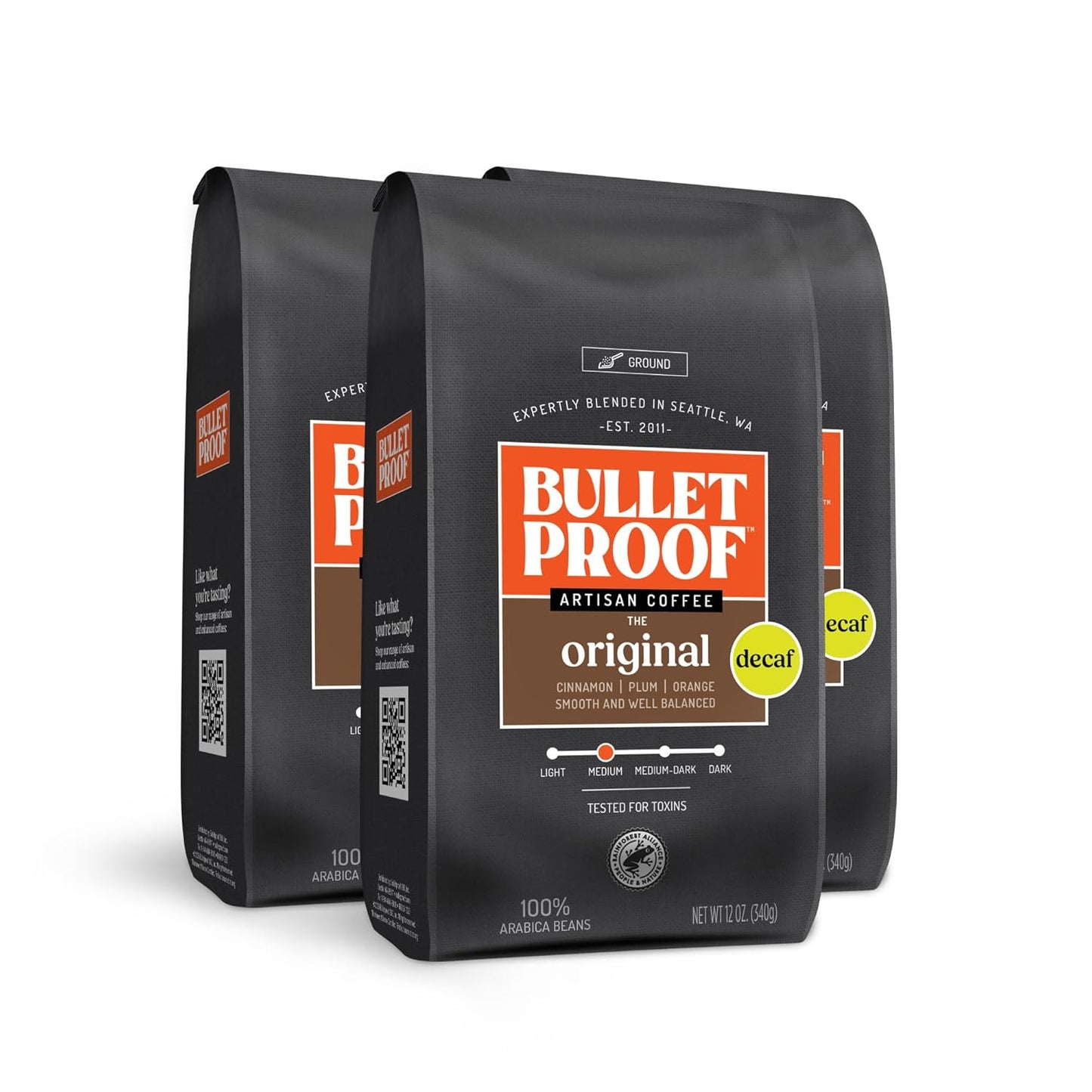 Bulletproof Original Medium Roast Ground Decaf Coffee, 12 Ounces (Pack of 3), Clean Coffee Tested for Toxins, Packaging May Vary