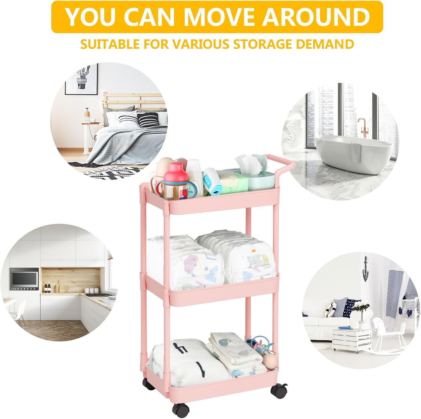 Baby Diaper Caddy – Plastic Diaper Organizer for Nursery Essentials, Movable Cart for Changing Table & Crib, Easy to Assemble, Pink