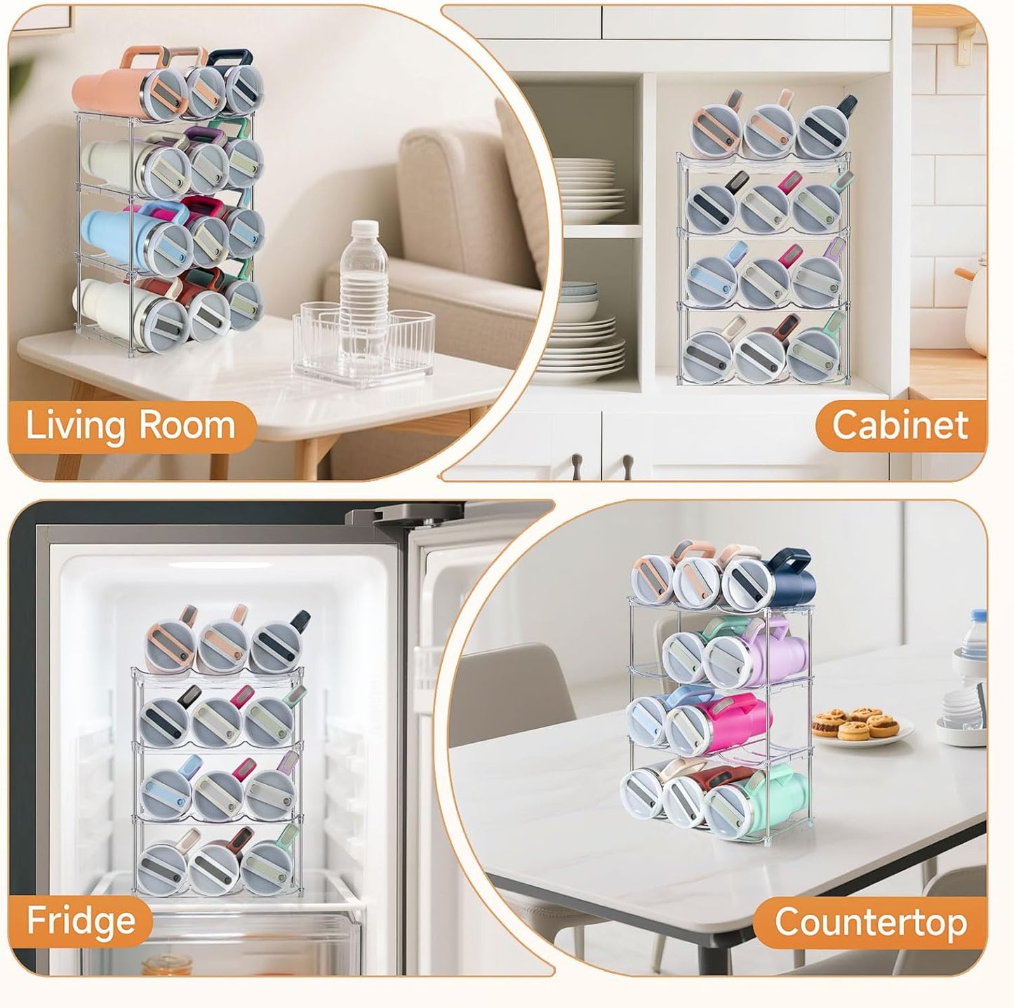 Water Bottle Organizer for Stanley 40 oz Tumbler, Stackable Water Bottle Holder for Kitchen Fridge Cabinet Organization and Storage, Plastic Wine Rack/Drink Bottle Holder (4 Pack - Hold 12)