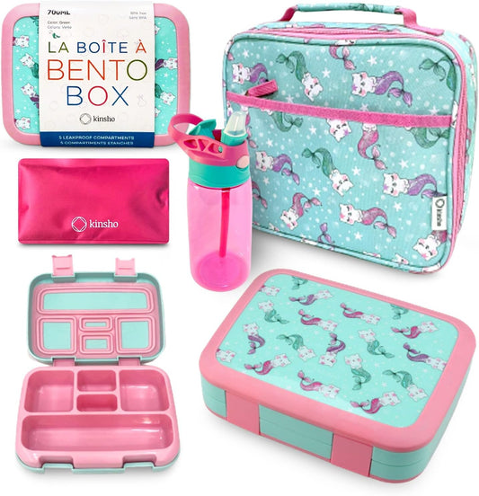 kinsho Bento Lunch Box. Insulated Bag, Water Bottle & Ice Pack Set for Kids, Toddlers, Girls. 5 Portion Sections, Removable Tray, Pre-School Toddler Daycare Lunches, Snack Container, Aqua Cat Mermaid