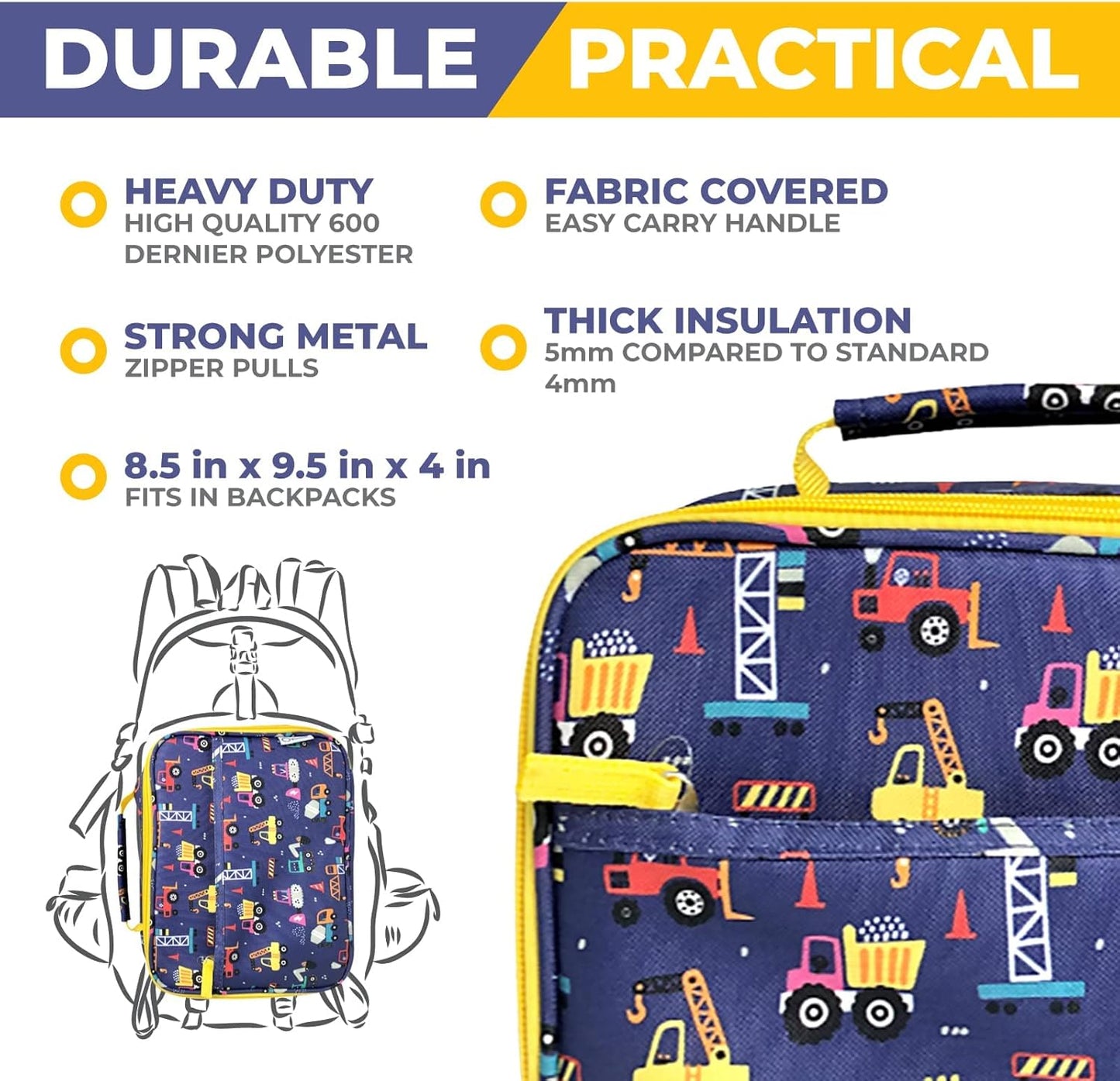 Bento Box, Insulated Lunch Bag, Ice Pack & Water Bottle Set for Kids - 5 Compartments, Lunches or Snack Container Boys Toddlers Daycare Pre-School, Kindergarten Blue Yellow Trucks