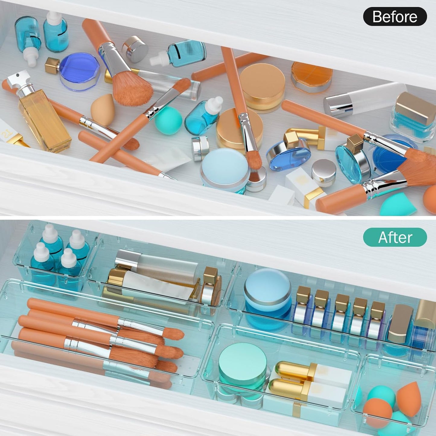 WOWBOX 9 Pack Clear Drawer Organizer Set, Acrylic Drawer Storage Trays, Storage Bins for Makeup, Cosmetics, Jewelries, Utensils, Gadgets, Office, Sea Blue