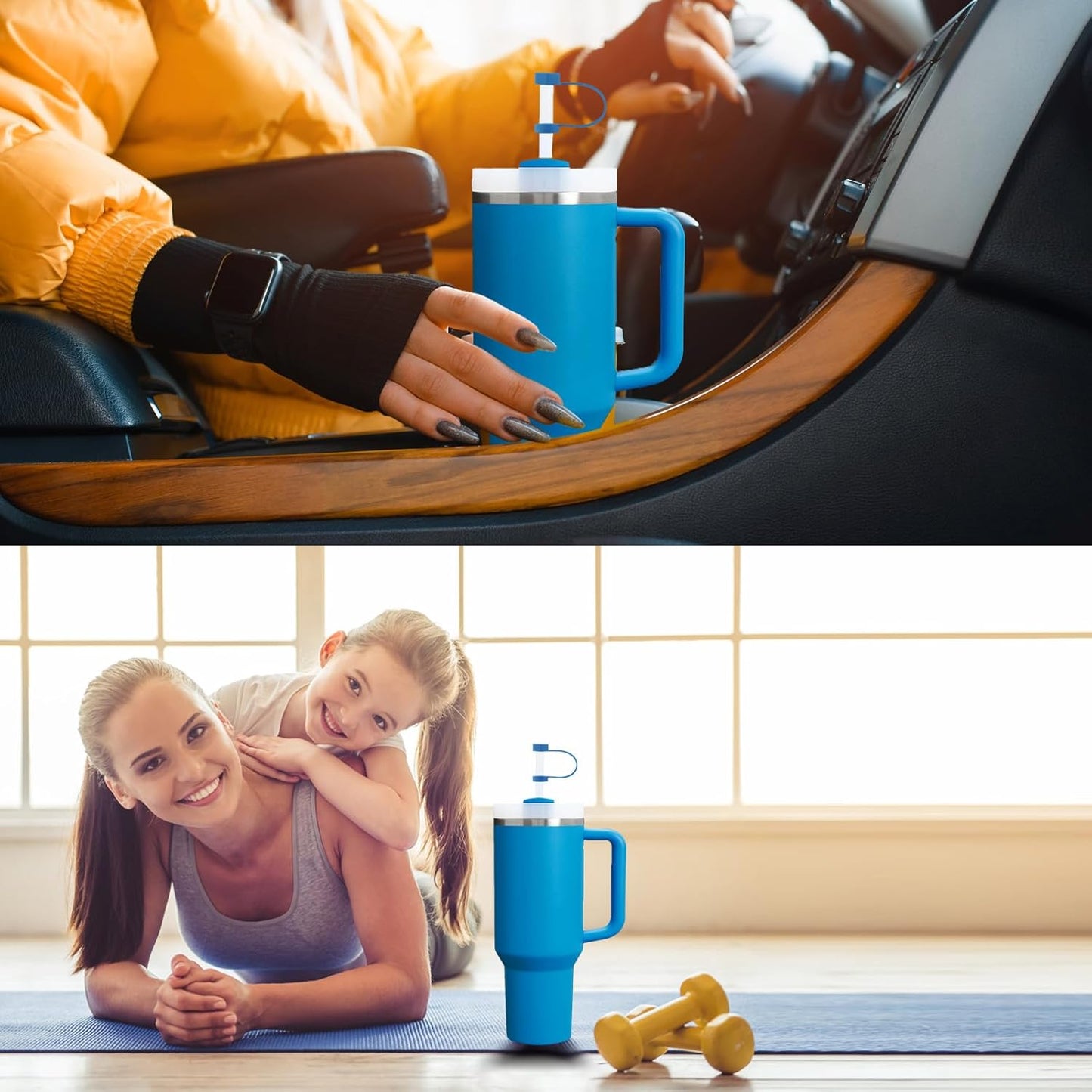 Silicone Spill Stopper Set Compatible with Stanley Cup 2.0 30oz & 40oz with Straw Cover (Set of 2, Azure)