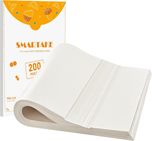 SMARTAKE 200 Pcs Parchment Paper Baking Sheets, 9x13 Inch Non-Stick Precut Baking Parchment, Suitable for Baking Grilling Air Fryer Steaming Bread Cup Cake Cookie and More (White)