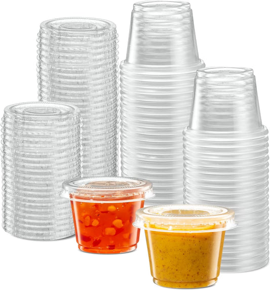 (1 oz - 100 Sets) Clear Diposable Plastic Portion Cups With Lids, Small Mini Containers For Portion Controll, Jello Shots, Meal Prep, Sauce Cups, Slime, Condiments,
