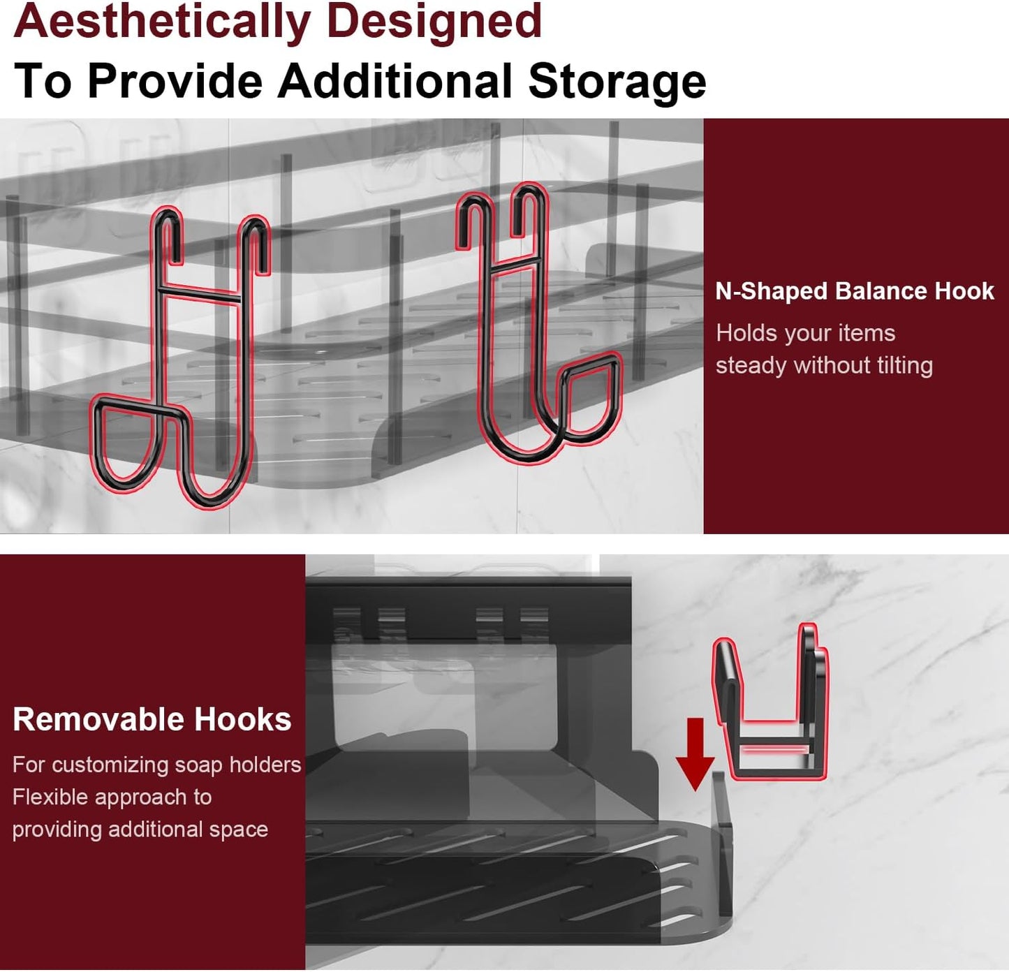 Large Capacity Shower Caddy, Heavy-Duty Adhesive Shower Organizers with Custom Aesthetic Design Soap, No Drilling Corner Shower Shelves, 5 Hooks for Bathroom Accessories, 3 Pack