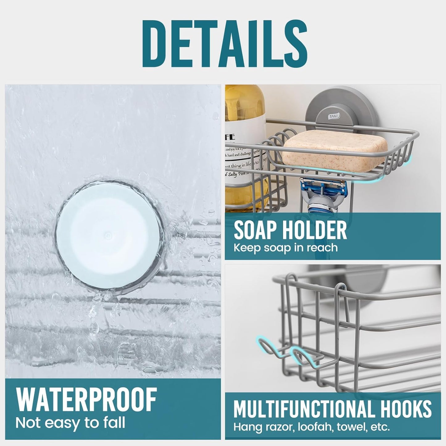 TAILI Shower Caddy Suction Cup with Hooks & Soap holder, Heavy Duty Bathroom Shower Organizer, No Drilling Shower Shelves for Inside bathroom, Metal Storage Basket-Grey