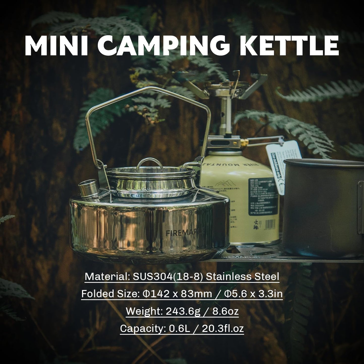 Fire-Maple Antarcti Portable 0.6 Liter Lightweight Stainless Steel Camping Kettle | Durable and Portable Camp Tea Pot | Ideal for Bushcraft and Outdoor Campfire Use