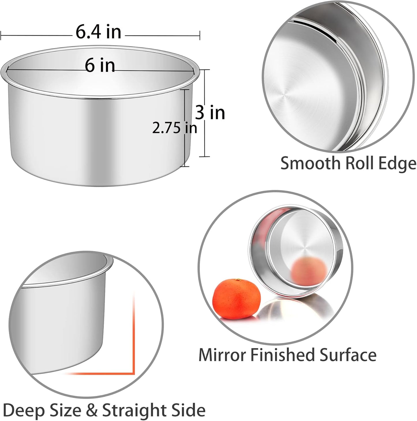 TeamFar 6 Inch Cake Pan, 6” x 3” Deep Round Cake Pan Tier Baking Tins Set Stainless Steel, For Baking Steaming Serving, Healthy & Toxic Free, Deep & Straight Size, Oven & Dishwasher Safe - Set of 2