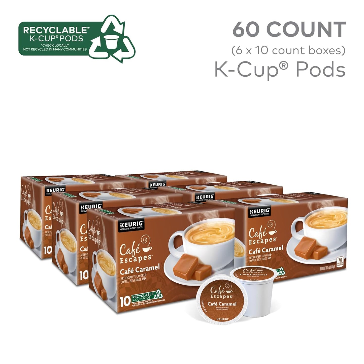 Café Escapes Café Caramel Coffee Beverage, Single-Serve K-Cup Pods, 60 Count