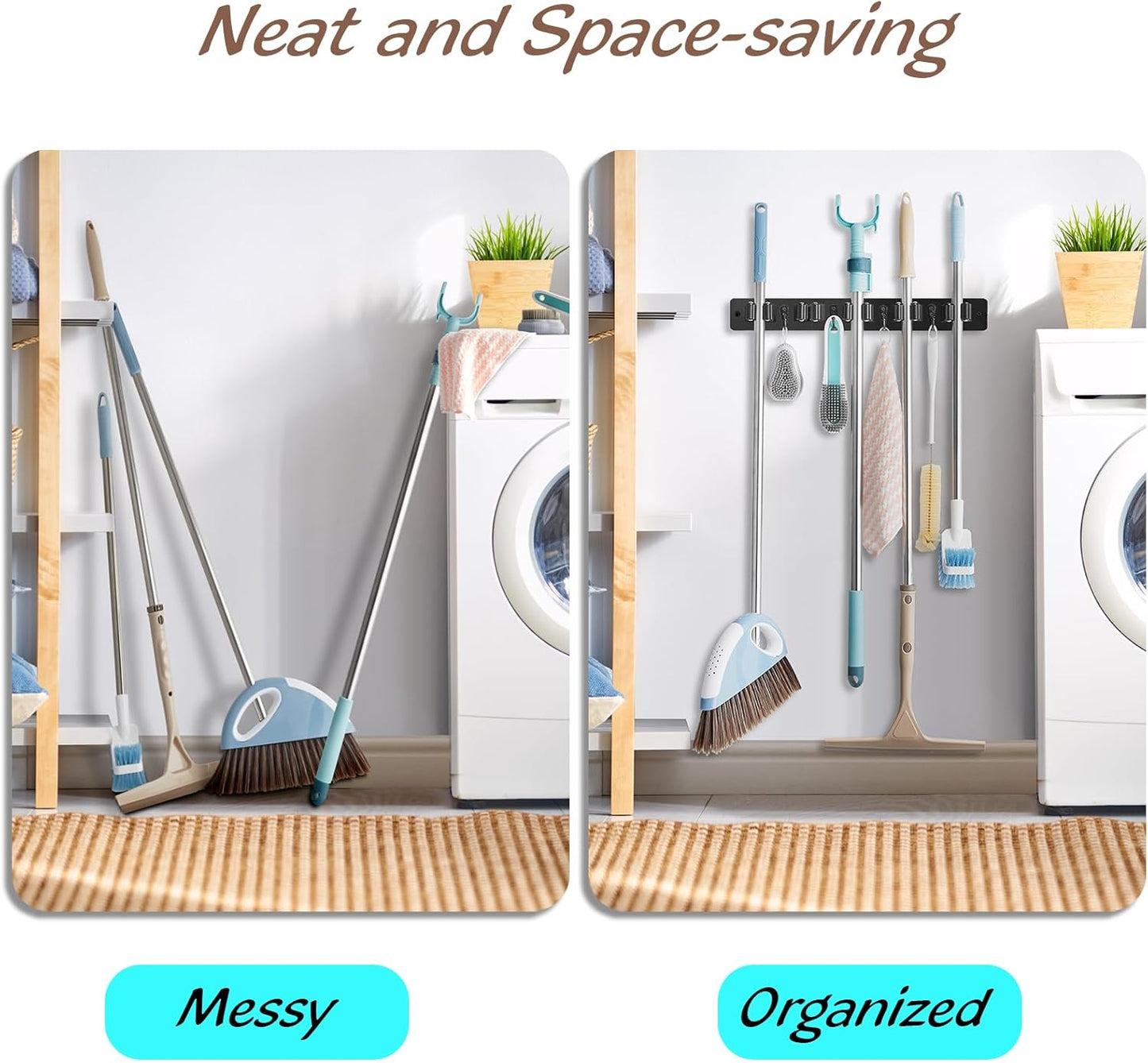 Mop and Broom Holder Wall Mount - Black Broom Mop Hanger - Wall Mounted Garden Tool Rack Organizer for Closet Garage Laundry Room Kitchen Decor With 5 Slots & 4 Hooks