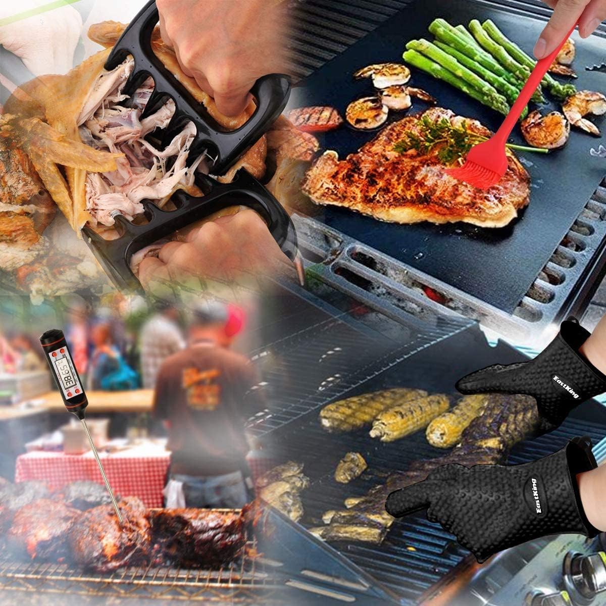 EastKing Smoker Accessories Set-Grilling Oven Gloves,BBQ Claws,Meat Thermometer and Silicone Brush BBQ Set for Cooking Barbecue Baking (Black)