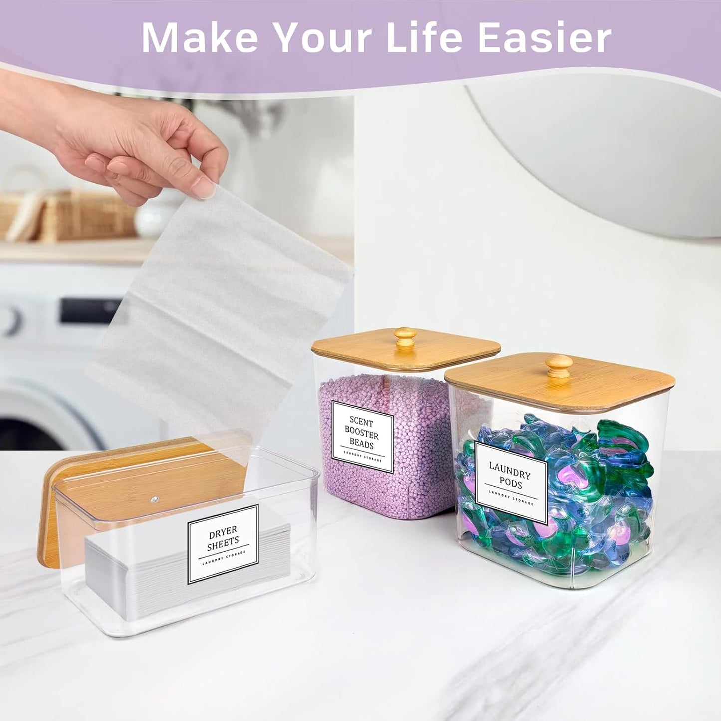 2+1 Pack Laundry Pods Container,Clear Laundry Detergent Powder Storage Containers,Laundry Room Organization Containers with Wooden Lids & Labels,Laundry Pods Holder for Scent Booster,Dryer Ball