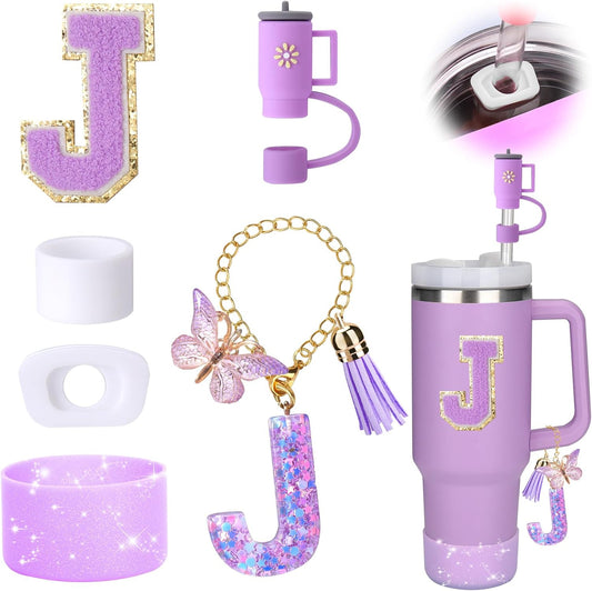 Mity rain 6PCS Cup Accessories Set for Stanley Cup 30oz 40oz tumbler with handle, Including Silicone Straw Topper Cover Cap and Boot, Spill Proof Stopper, Handle Charm, Initials Sticker (Letter J)