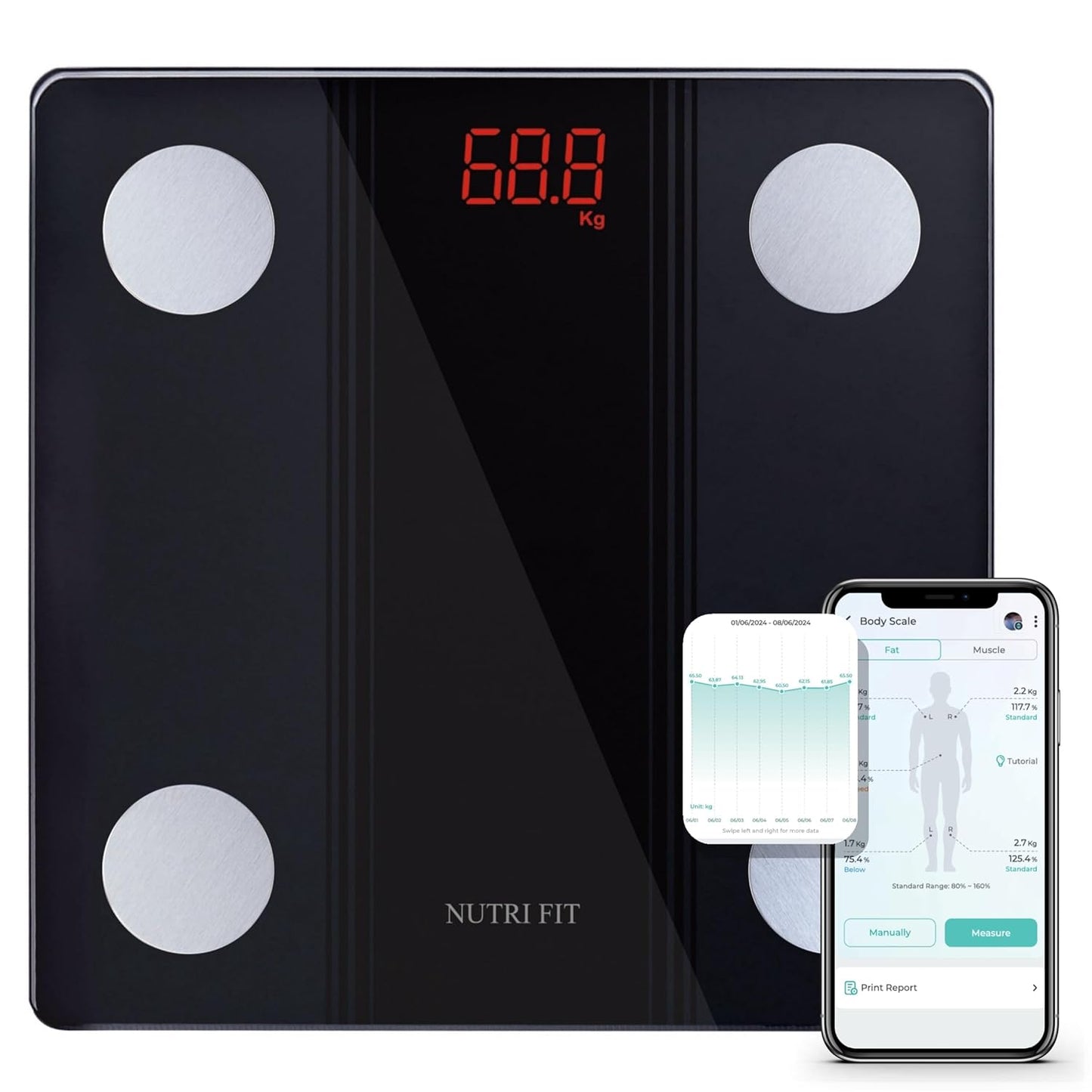 NUTRI FIT Bathroom Scale Smart Digital Bluetooth Scales for Body Weight, Body Fat, BMI Body Composition Analyzer Weighing Scale with High Precision Measurements Sync APP Heavy Duty 330lbs