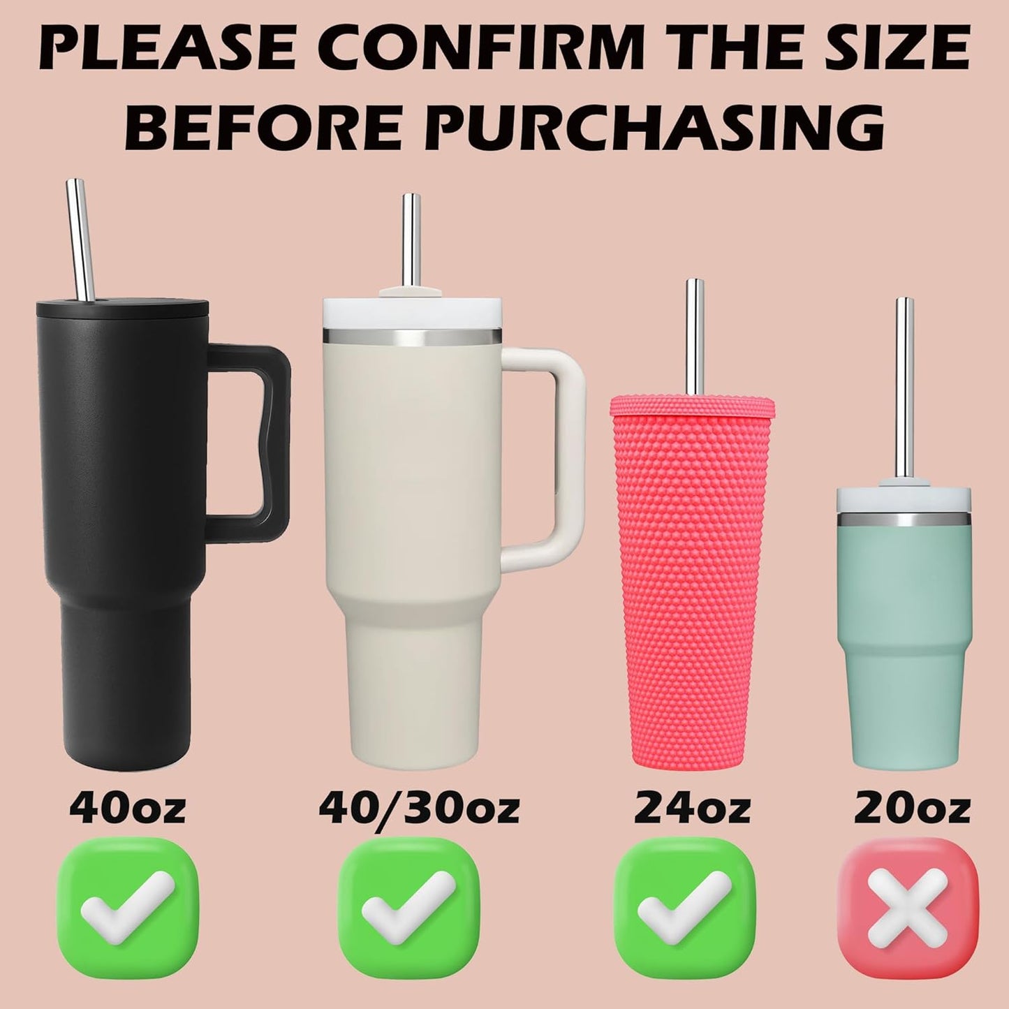 6 PCS 12Inch Metal Stainless Steel Reusable Straight Straw,with 6 Silicone Flex Tips and 2 Cleaning Brush,for 40oz Stanley, Hydrapeak, Owala Tumbler,Simple Modern 32 40oz Tumbler(8mm 3B3S)