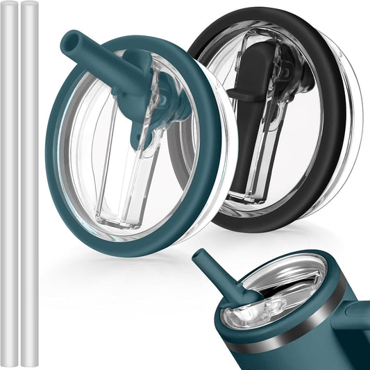 40oz Flip Straw Leak Proof Lid for Stanley H2.0 Quencher Protour Tumbler, 2 Pack Spill Proof Lid Replacement Straw Cover Top for 40 OZ Stanley Cup Accessories (Black, Blue Spruce)