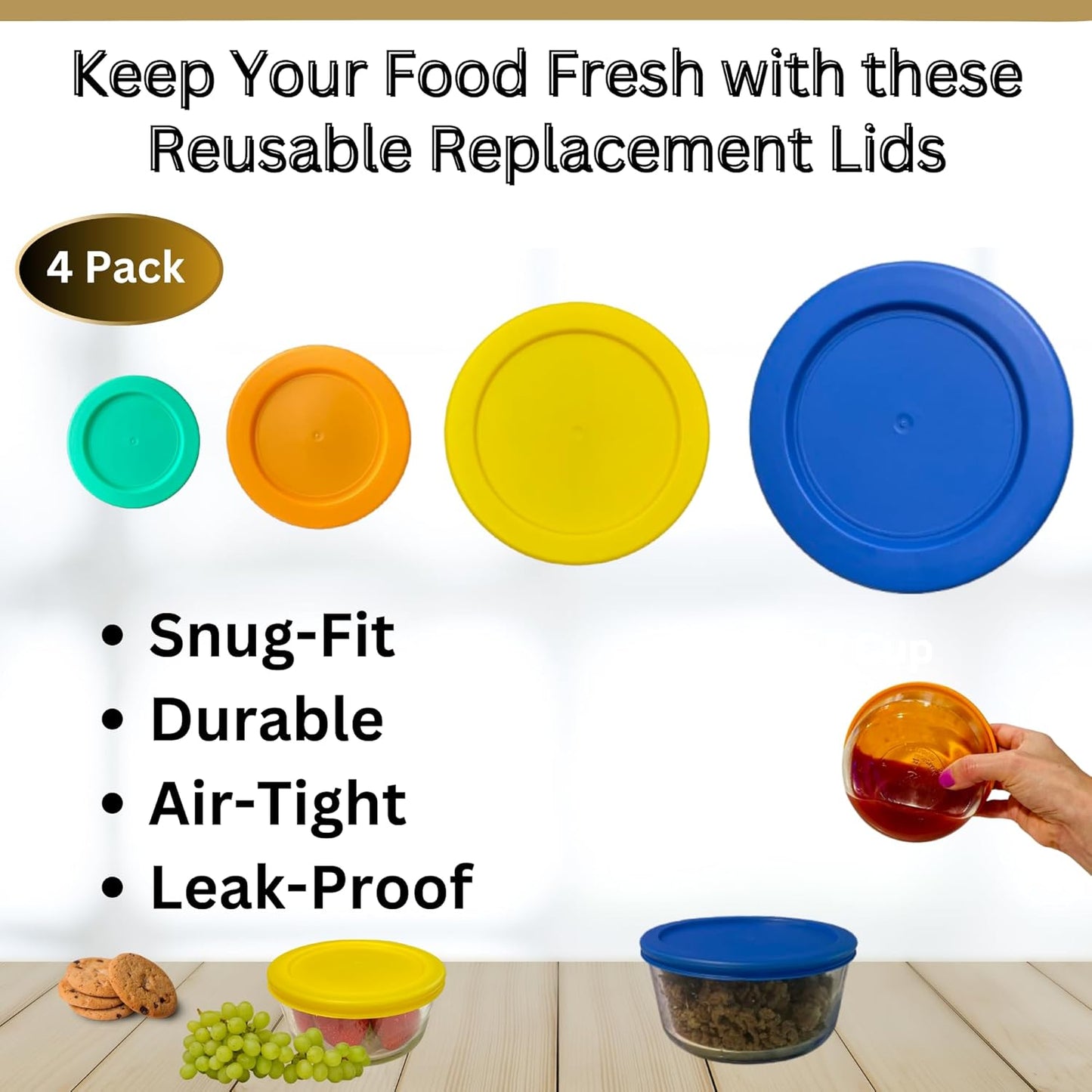 1, 2, 4 & 7 Cup Green, Orange, Yellow, Blue Replacement Lids/Covers for Pyrex, Anchor Hocking & KlareWare Storage Bowls *Lids Only Glass Container Not Included* (4 Pack *One of Each Size*)