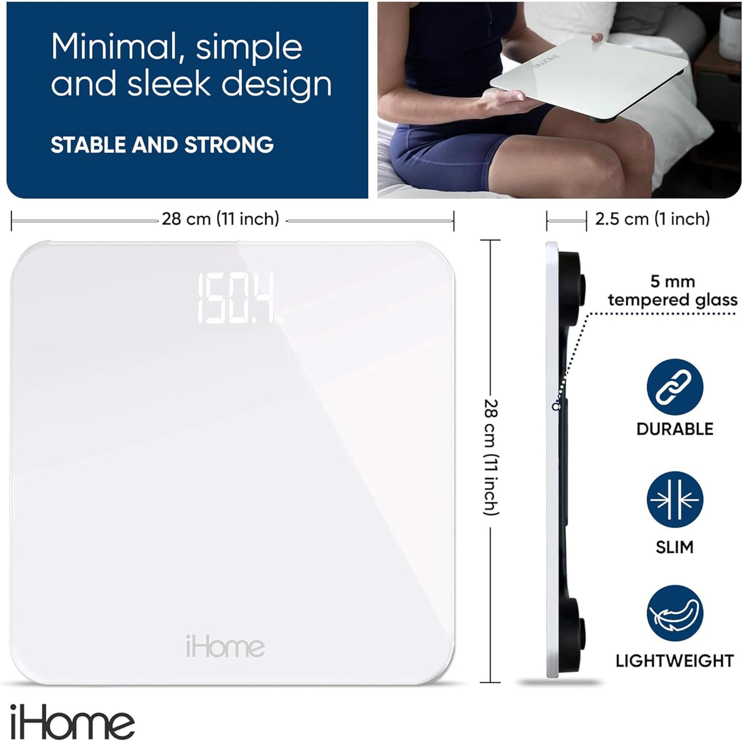 iHome Digital Scale, Bathroom Scale, Batteries Included, Scale Body Weight, Weight Scale, Digital Scale, Bathroom Scales for Weight, Digital Scales for Body Weight (White)