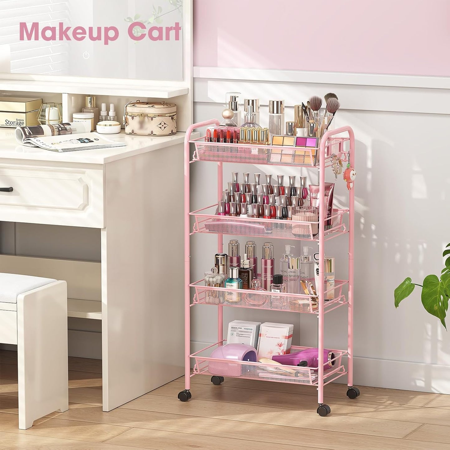 TOOLF 4 Tier Rolling Utility Cart - Durable Metal Design Pink Utility Cart, Storage Trolley on Wheels with 3 Hooks, Perfect for Kitchen, Bathroom & Laundry Room Organization