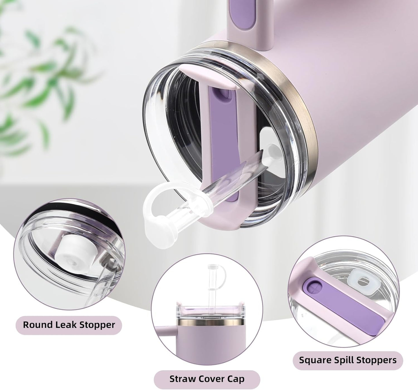 2Sets Silicone Spill Proof Stopper for Stanley 40/30 oz Quencher H2.0 Tumbler with Handle for Stanley Cup Accessories Including 2 Straw Cover Cap, 2 Round Leak Stopper 2 Square Spill Stoppers