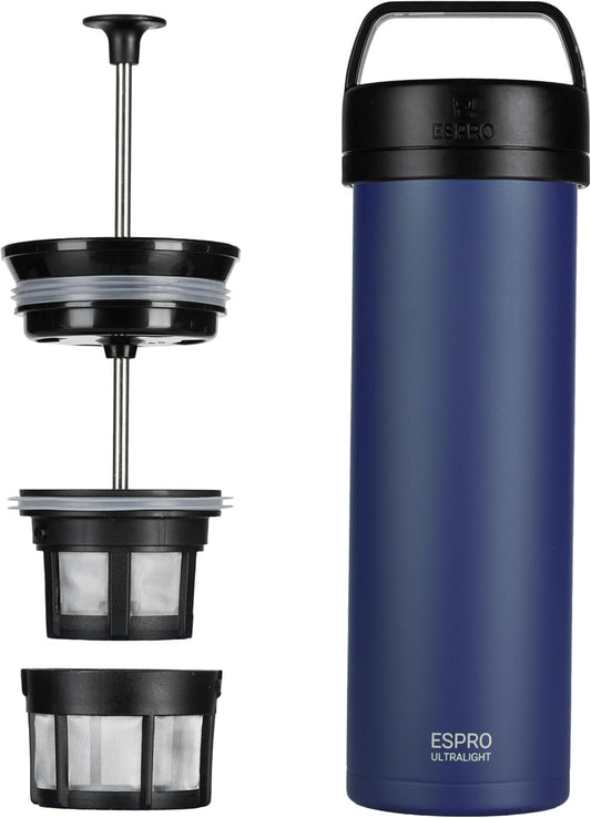 ESPRO P0 Ultralight French Press Coffee Maker for Travel, Vacuum Insulated Stainless Steel, 16 Ounces, Aegean Blue