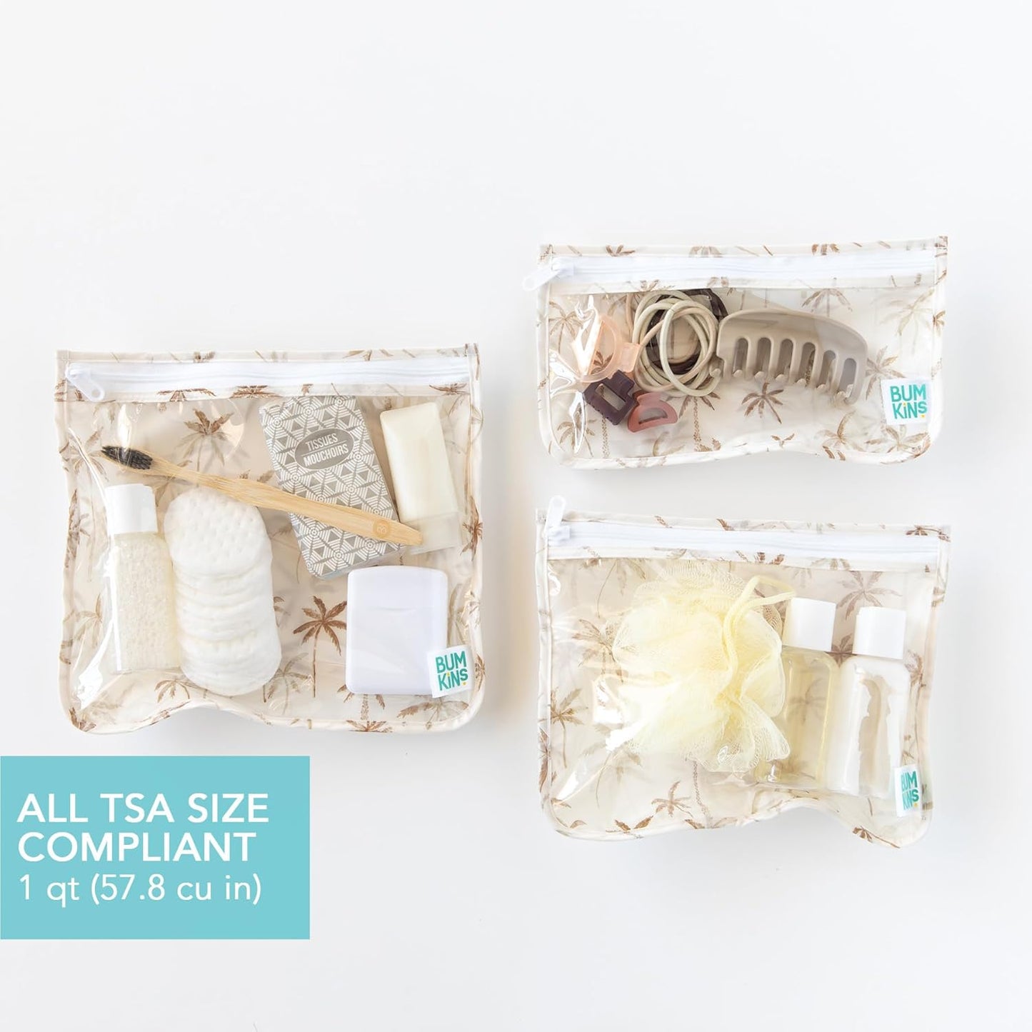 Bumkins Travel Bag, Toiletry, TSA Approved Pouch, Zip Bag, Quart Size Airline Compliant, Clear-Sided, Baby, Diaper Bag Organization, Makeup, Accessories, Packing, Set of 3 Sizes, Palm Trees