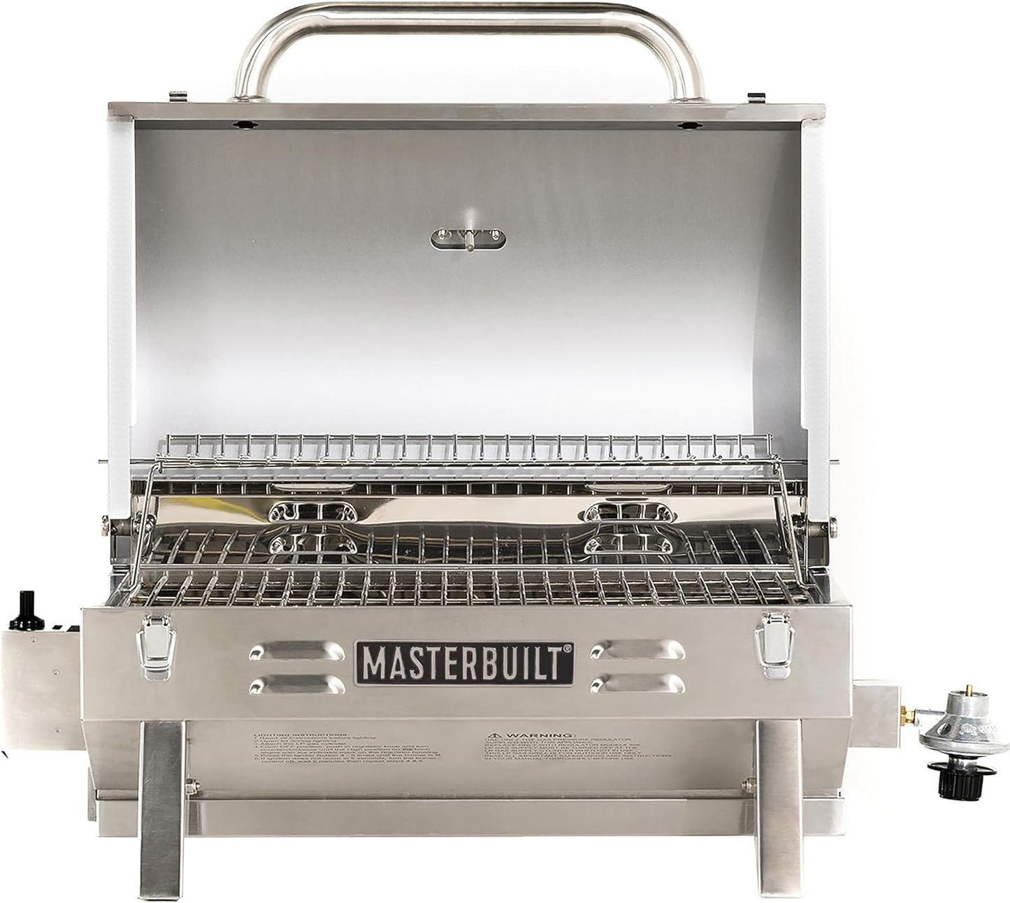 Masterbuilt Portable Propane Gas Grill with Folding Legs, Chrome-Coated Warming Rack and 288 Cooking Square Inches in Stainless Steel, Model MB20030819