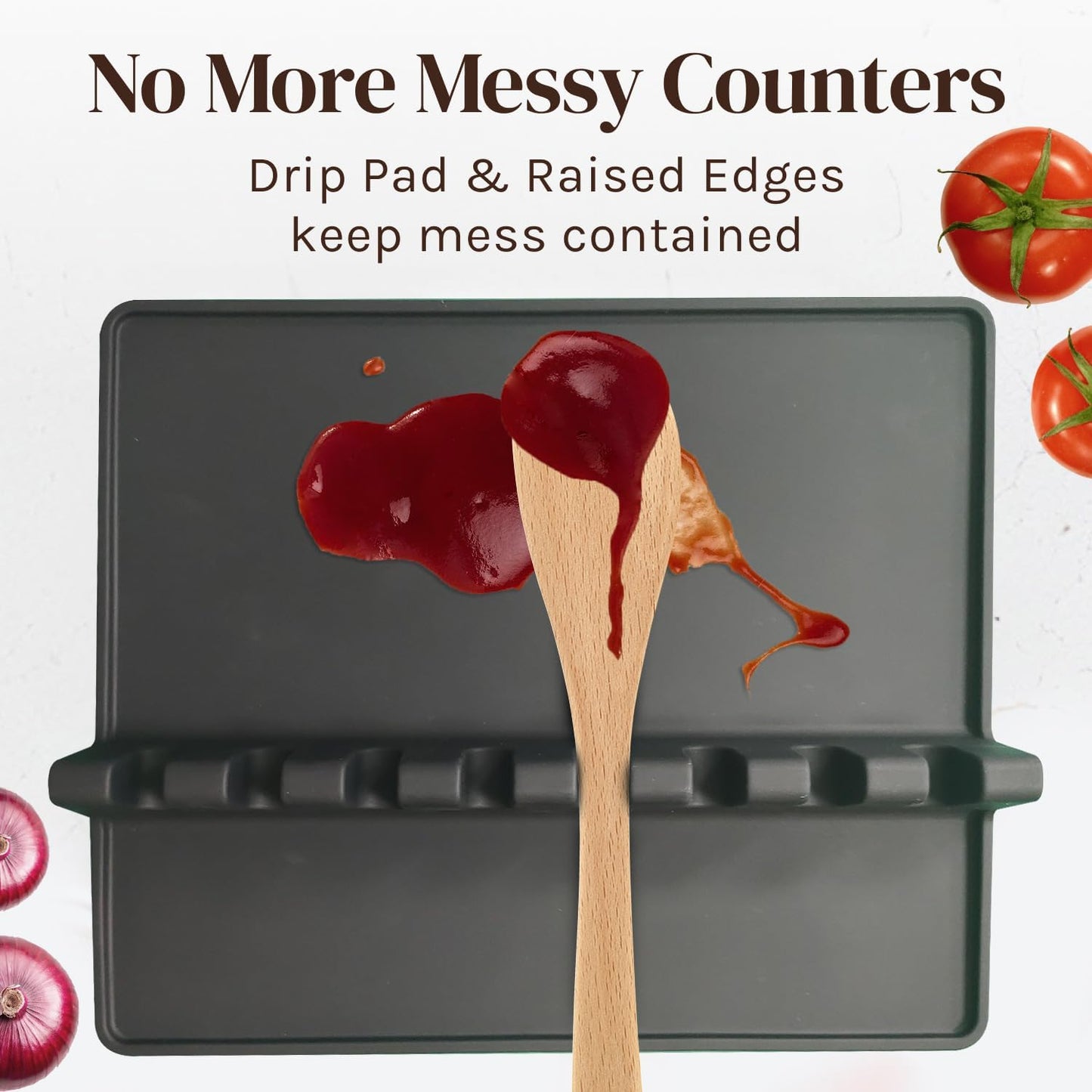 Black XL Silicone Spoon Rest for Stove Top with Drip Pad (1 Pack) - Heat-Resistant, BPA-Free Utensil Rest & Spoon Holder for Kitchen Counter - Grill Utensil Holder for Spatulas, Tongs, Ladles