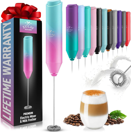 Zulay Kitchen Powerful Milk Frother Wand - Handheld Stainless Steel - Battery Operated Drink Mixer for Coffee, Lattes, Cappuccino, Matcha - Froth Mate Frother Gift - Teal Pink Fade