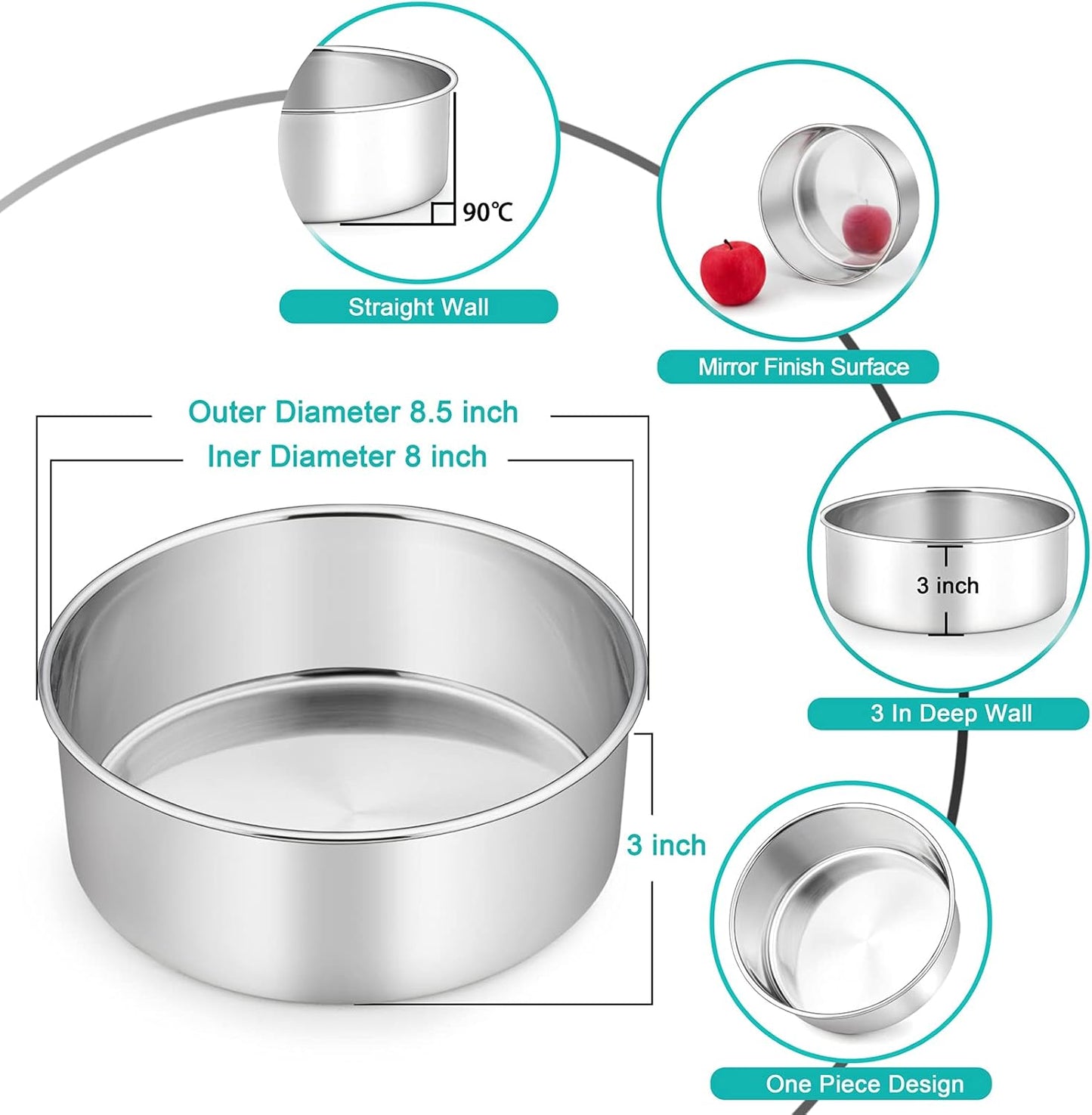 TeamFar Round Cake Pan, 8’’ x 3’’ Stainless Steel Deep Baking Roasting Cake Pan for Birthday Party Wedding, Non-Toxic & Heavy Duty, Deep & Straight Wall, Mirror Finish & Dishwasher Safe