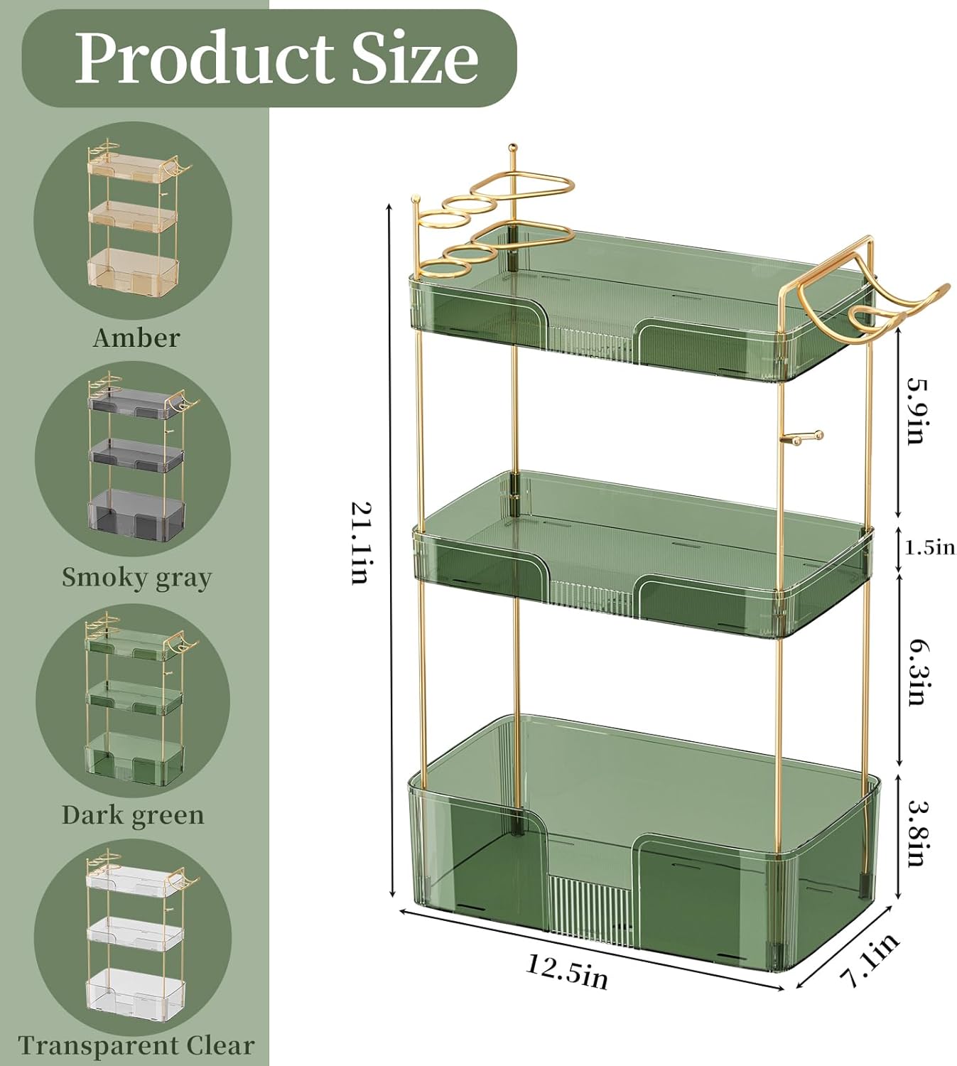 3 Tier Glam Bathroom Counter Organizer with Hair Dryer Holder, Cosmetics & Skincare Shelf, Makeup Organizer, Perfume Tray (Green)