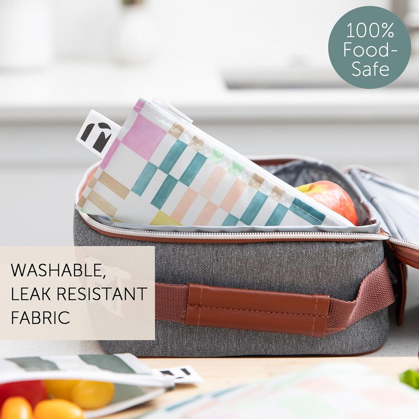 Roamio Reusable Snack Bags, for Kids School Lunch and for Adults Portion, Washable Fabric, Waterproof Cloth Zip Bag, Supplies Pack Travel Pouch, Food-Safe Storage, 2-pk Green Stripe and Multi Check