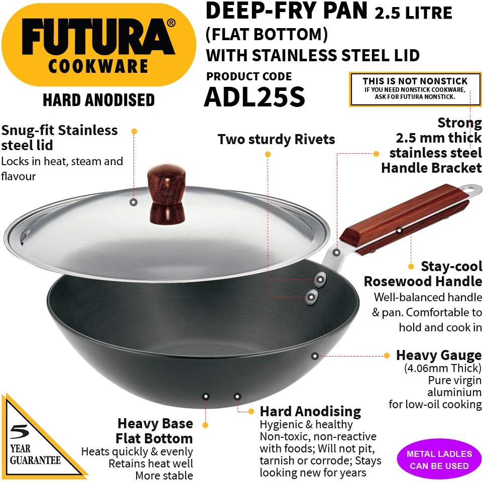 Hawkins Futura 2.5 Litre Deep Fry Pan, Long Handle Hard Anodised Kadai with Stainless Steel Lid, Flat Bottom Kadhai, Black (ADL25S)