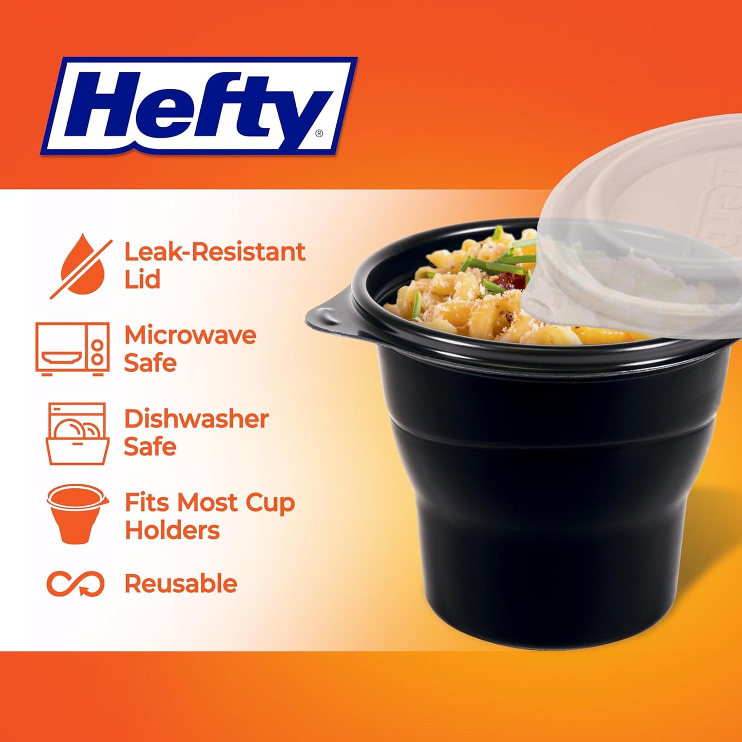 Hefty Multi-Purpose Black Plastic Cups with Lids, Reusable To Go Cups with Lids, Holds Food and Drink, Fits Most Car Cup Holders, Leak-Resistant Lid, Microwave Safe, Dishwasher Safe, 4 Count